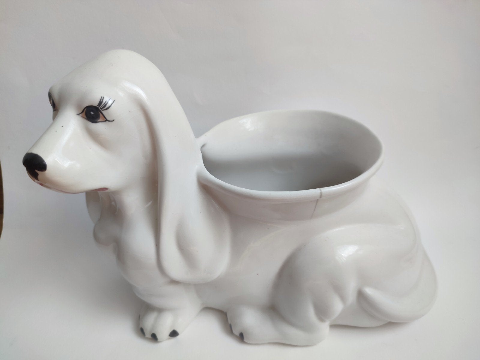 Vintage plantenpot bloempot wit keramiek hond Kitsch, Vintage, Gebruikt, Ophalen of Verzenden, Wit