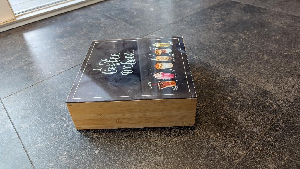Houten Thee- en Koffiedoos / Opbergbox met Glasplaat, Diversen, Rommelmarktspullen, Zo goed als nieuw, Ophalen