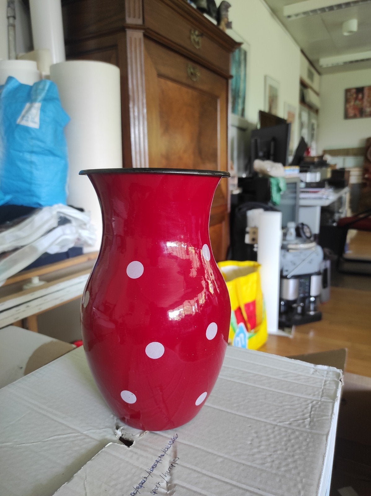 Emaille Vaas Rood met Witte Stippen - Emaillekeizer, Ophalen of Verzenden