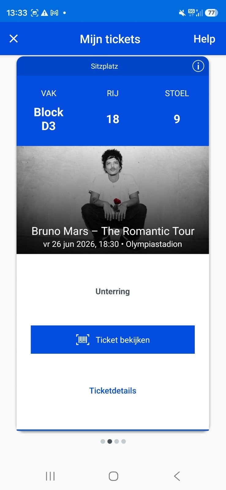 2x tickets bruno mars 26 juni, Tickets en Kaartjes, Twee personen, Juni