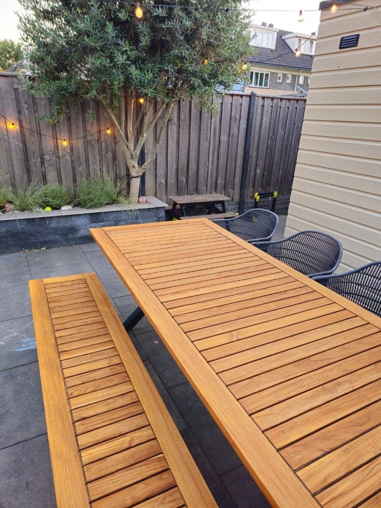 Luxe Yoi Wakai complete tuinset! / Tafel + bank + 4x stoelen, Ophalen, Teakhout, Zo goed als nieuw, Rechthoekig
