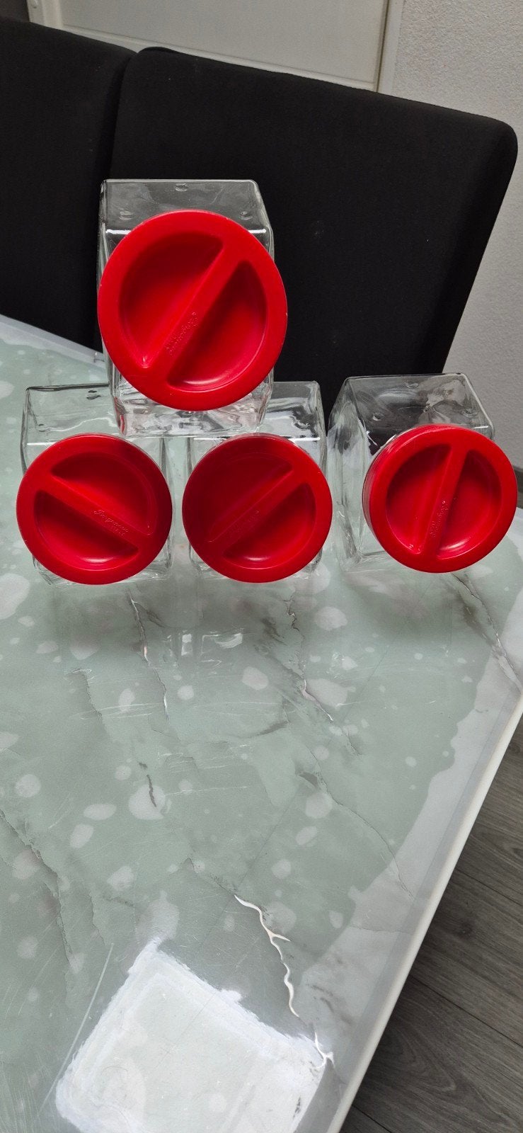 Glazen voorraadpotten met rode deksels - Set van 4, Huis en Inrichting, Keuken | Keukenbenodigdheden, Ophalen of Verzenden, Voorraadpot