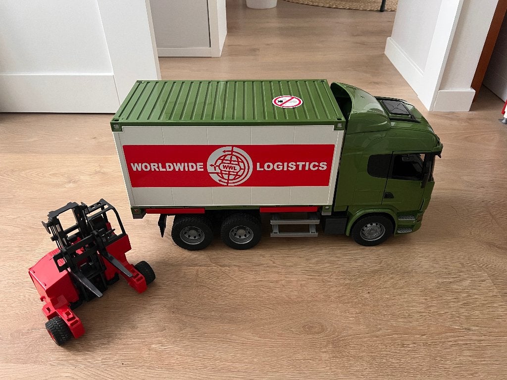 Bruder Scania vrachtwagen met losse container en heftruck, Ophalen, Zo goed als nieuw