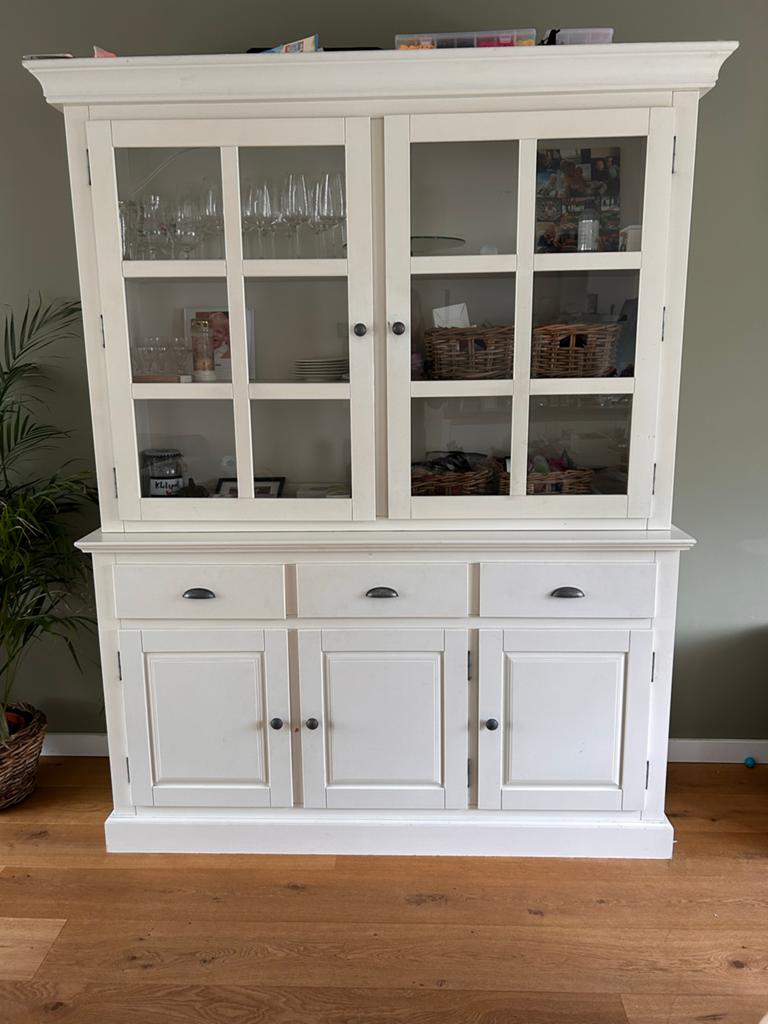 Buffetkast wit met glazen deuren en lades, Huis en Inrichting, Kasten | Buffetkasten, Ophalen, Gebruikt, 100 tot 150 cm, 200 cm of meer