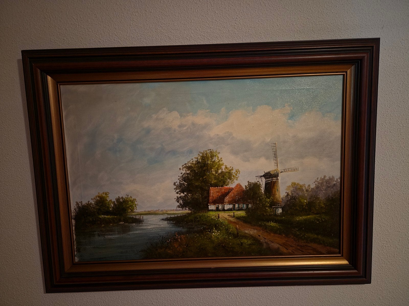 Schilderij van H. Sanders - Hollands Landschap met Molen, Antiek en Kunst, Ophalen, Doek, Realistisch, Gesigneerd