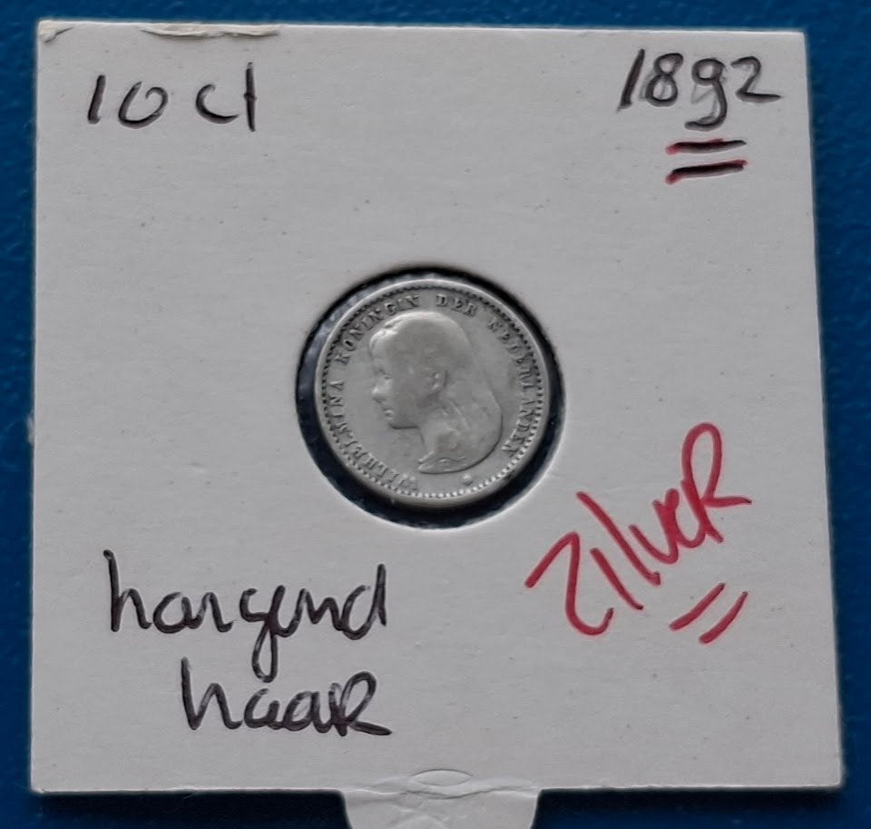 * Nederland 10 cent 1892 - Wilhelmina, Postzegels en Munten, Verzenden, Zilver, 10 cent, Koningin Wilhelmina
