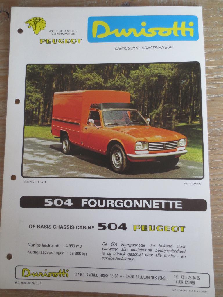 Autofolder: Peugot 504 Fourgonnette - Durisotti Carrossier, Ophalen of Verzenden, Zo goed als nieuw, Peugeot