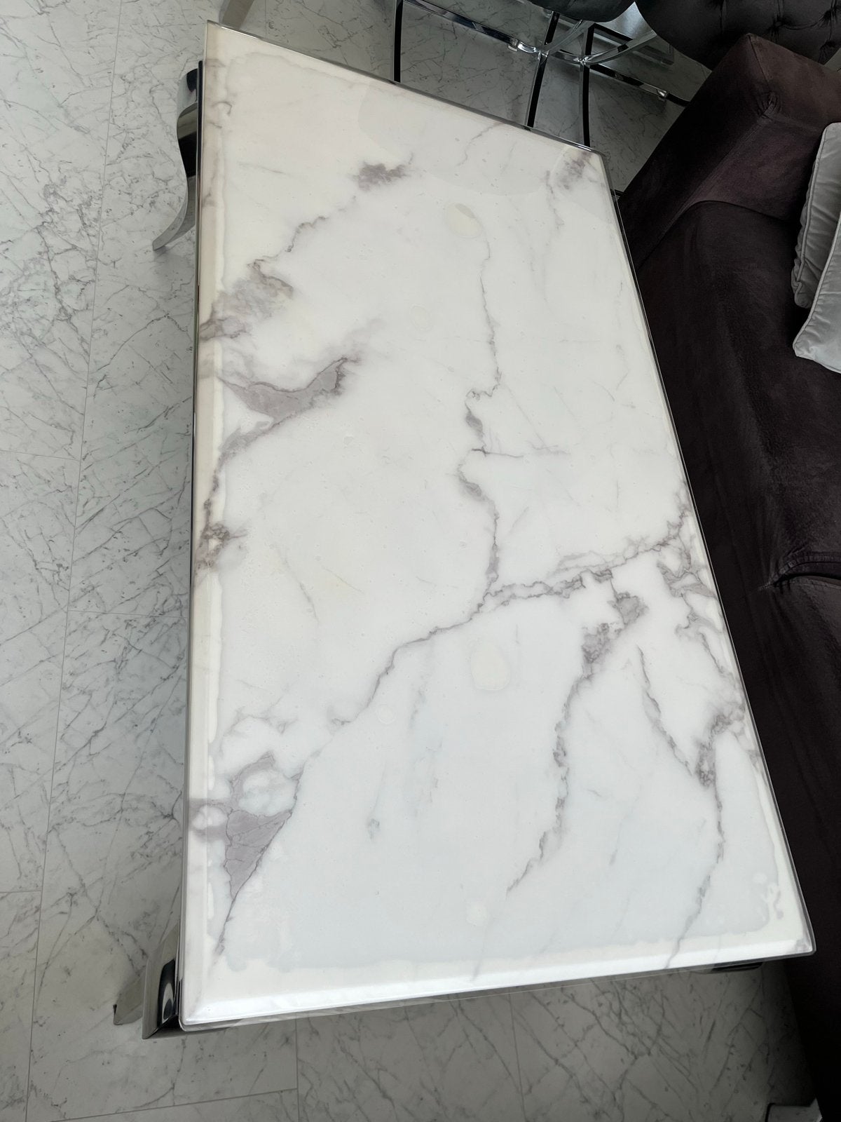Salontafel, eettafel en tvtafel marmerlook met zilverepoten, Ophalen, Overige materialen, Gebruikt, 100 tot 150 cm