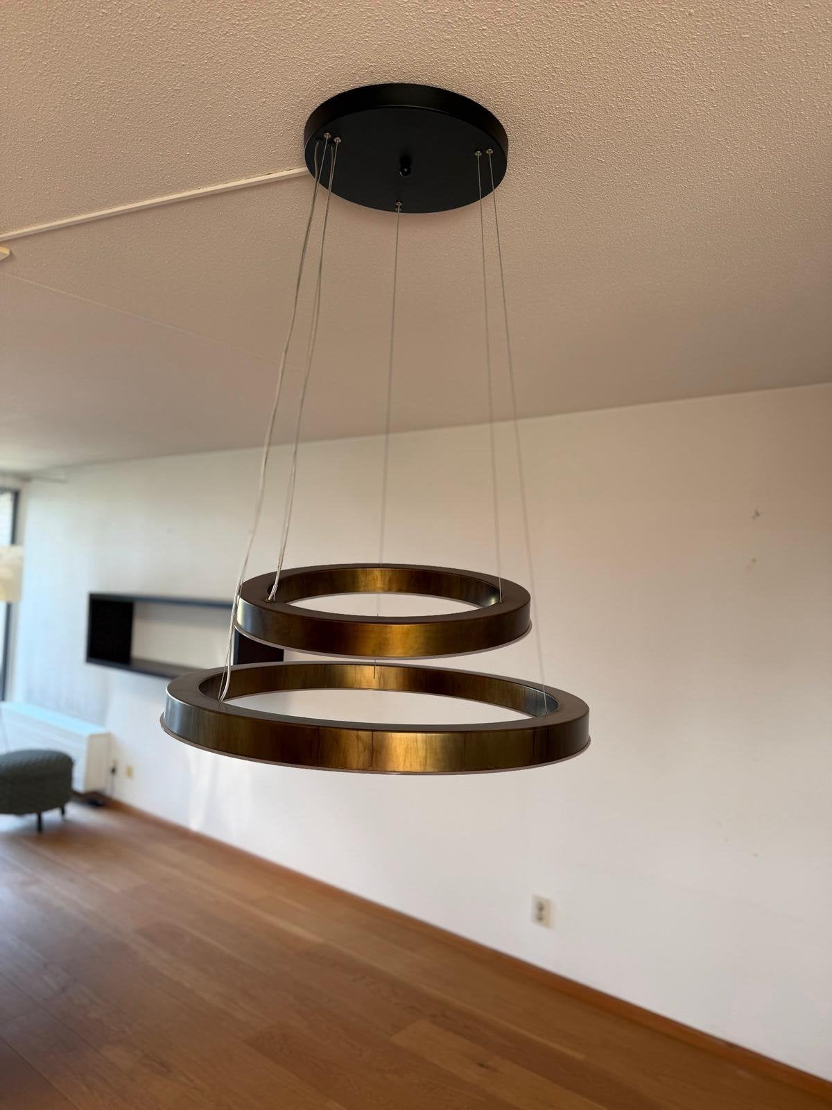 Hanglamp 2 ringen LED  brons van kleur, Ophalen, Zo goed als nieuw