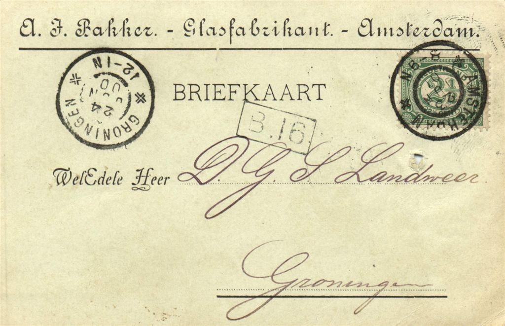 A.J. Bakker., Glasfabrikant, Amsterdam. - 01.1900 - briefkaa, Ophalen of Verzenden, Briefkaart