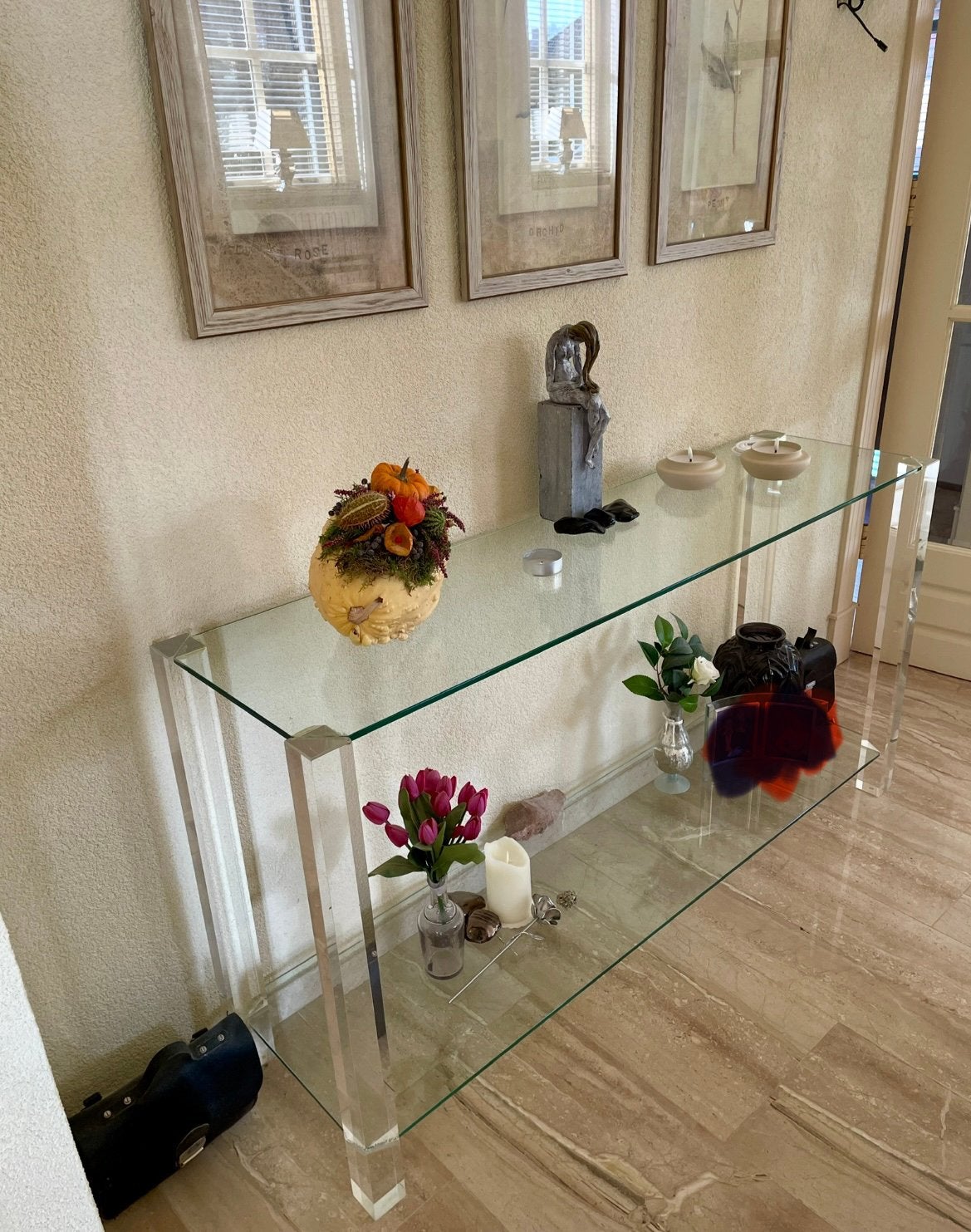 Sidetable glas 135x35x72hoog, Huis en Inrichting, Ophalen, Gebruikt, Glas, Modern