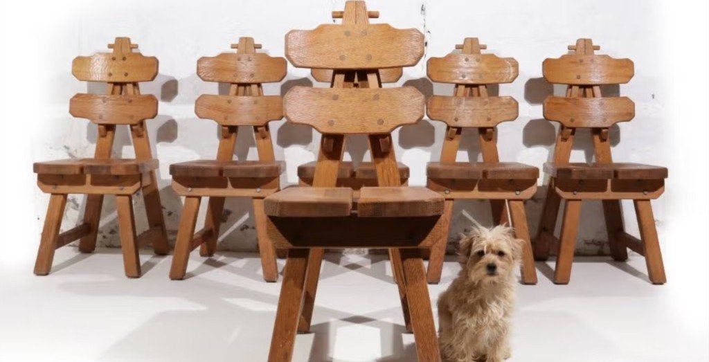 Brutalistische eiken stoelen, Spanje jaren 70 - set van 6, Ophalen, Gebruikt, Bruin, Brutalistisch, Wabi-Sabi
