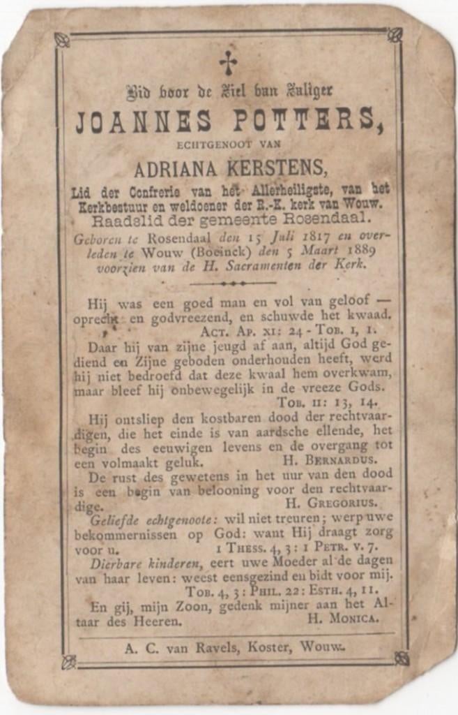 Joannes Potters 1817 Roosendaal + 1889 Wouw, 71 jaar oud, Verzenden