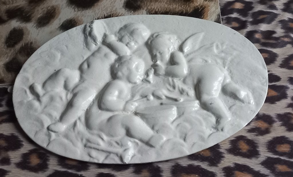 Zware ijzeren refliefplaat met engeltjes, Huis en Inrichting, Woonaccessoires | Wanddecoraties, Metaal, Gebruikt, Ophalen of Verzenden