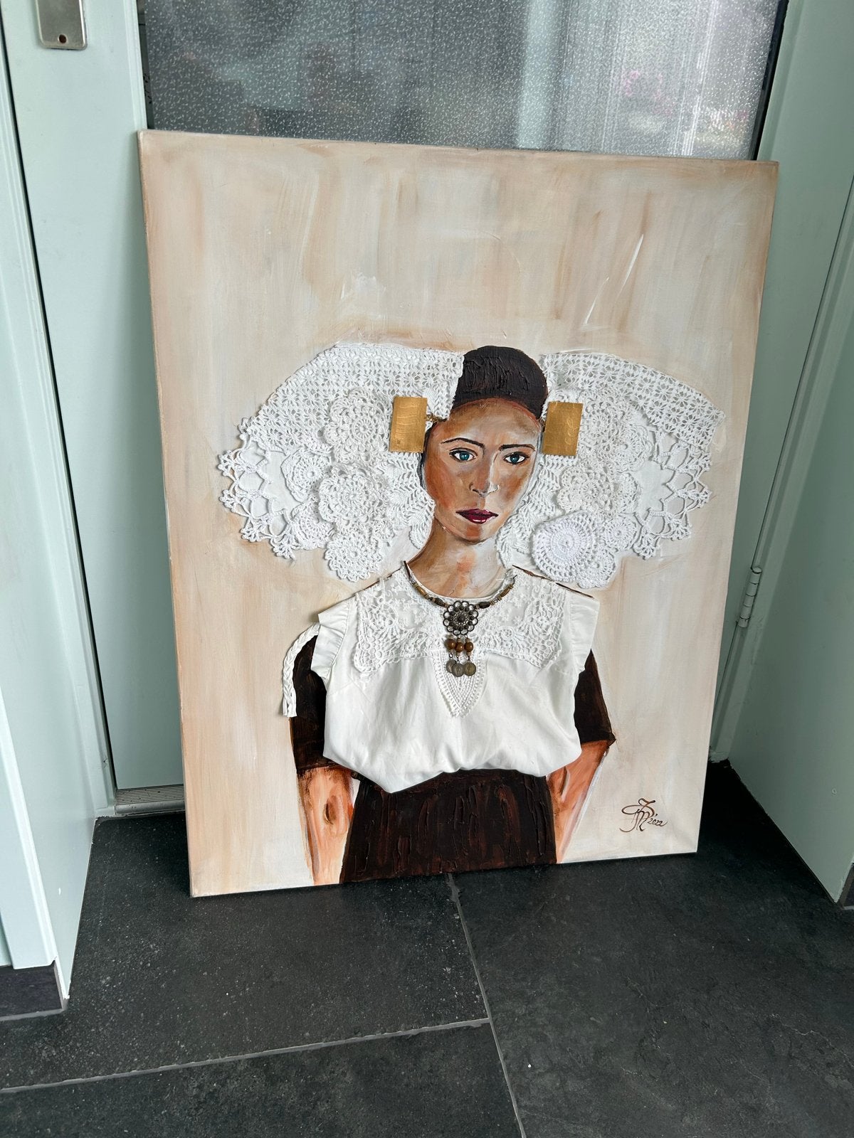 Uniek portret vrouw zEeuwse klederdracht, Antiek en Kunst, Overige stijlen, Doek, Portret of Personen, Ophalen of Verzenden