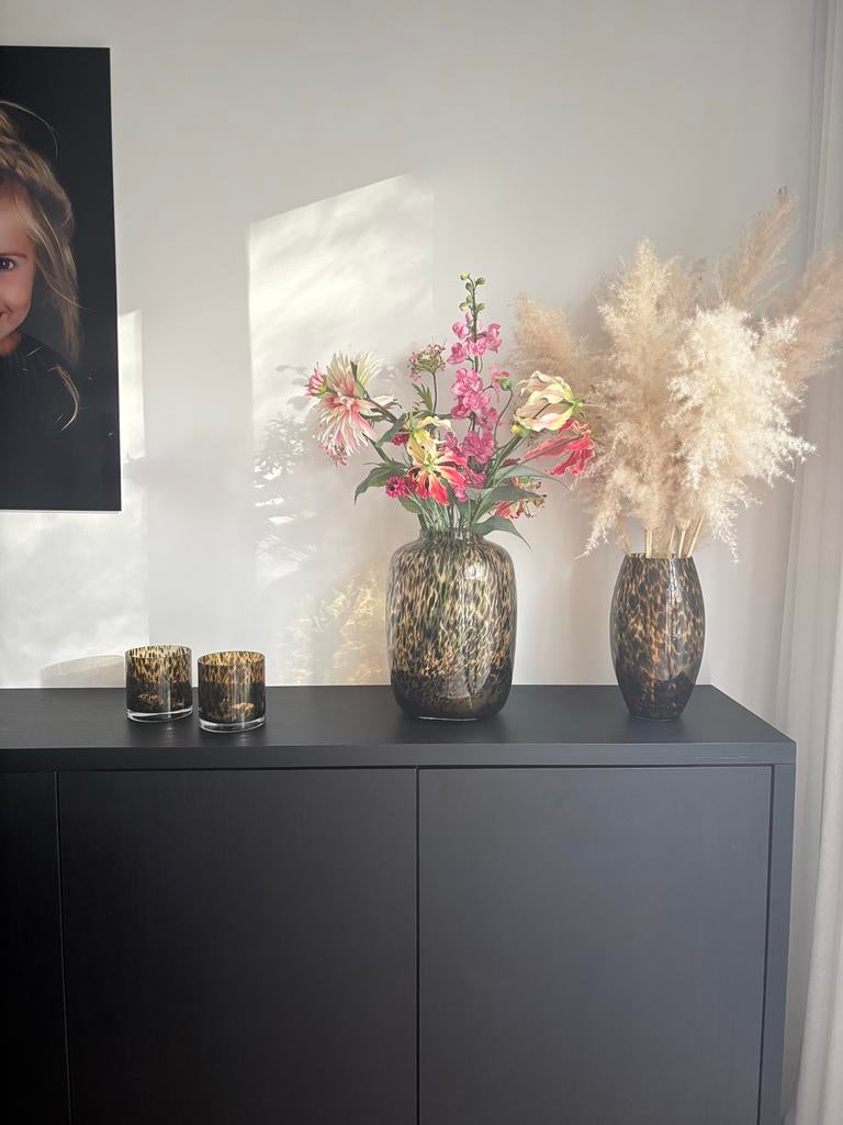 Cheetah Vazen & Windlichten met Kunstbloemen/Pluimen, Overige kleuren, Ophalen of Verzenden, Minder dan 50 cm, Glas
