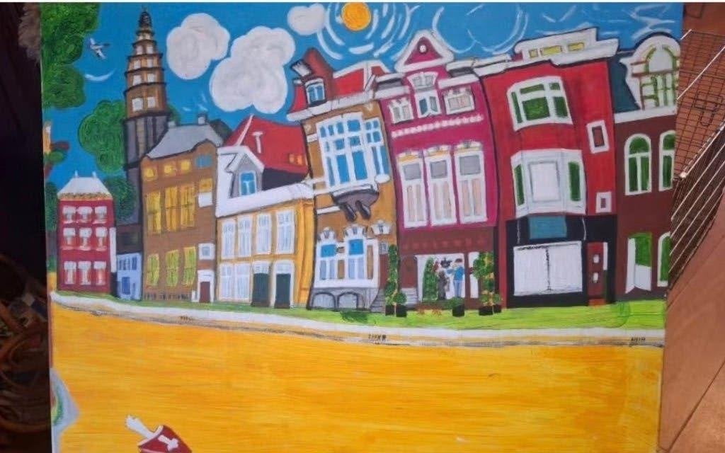 Schilderij A straat Groningen, Antiek en Kunst, Ophalen of Verzenden, Handgeschilderd, Overige onderwerpen