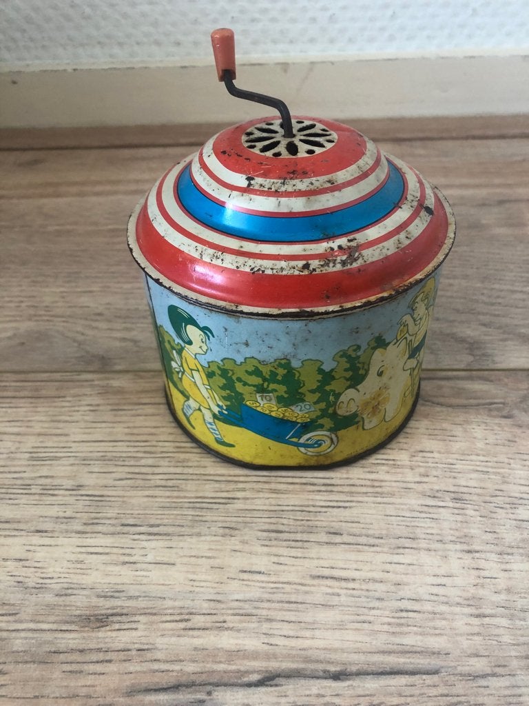 Oude blikken tol met kindertekeningen, Ophalen of Verzenden