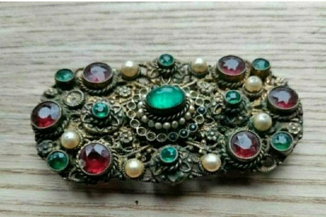 BROCHE,Robijnrood,Smaragdgroen,Parels,Vintage,Zilver, Met strass, Overige materialen, 4 tot 7 cm, Ophalen of Verzenden