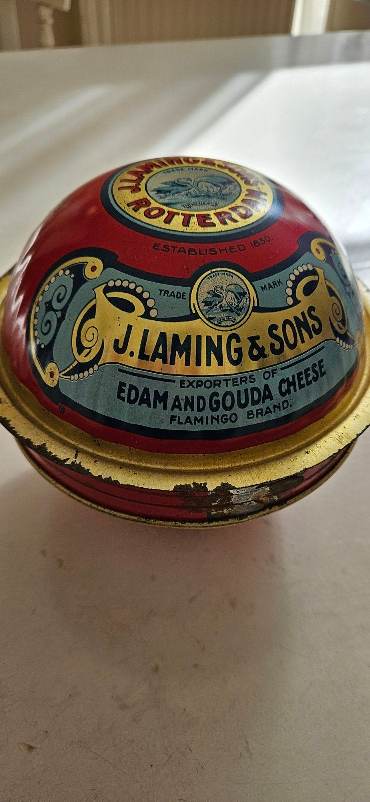 Antiek bolvormig kaasblik Laming & Sons Rotterdam, Verzamelen, Ophalen of Verzenden, Gebruikt, Overige