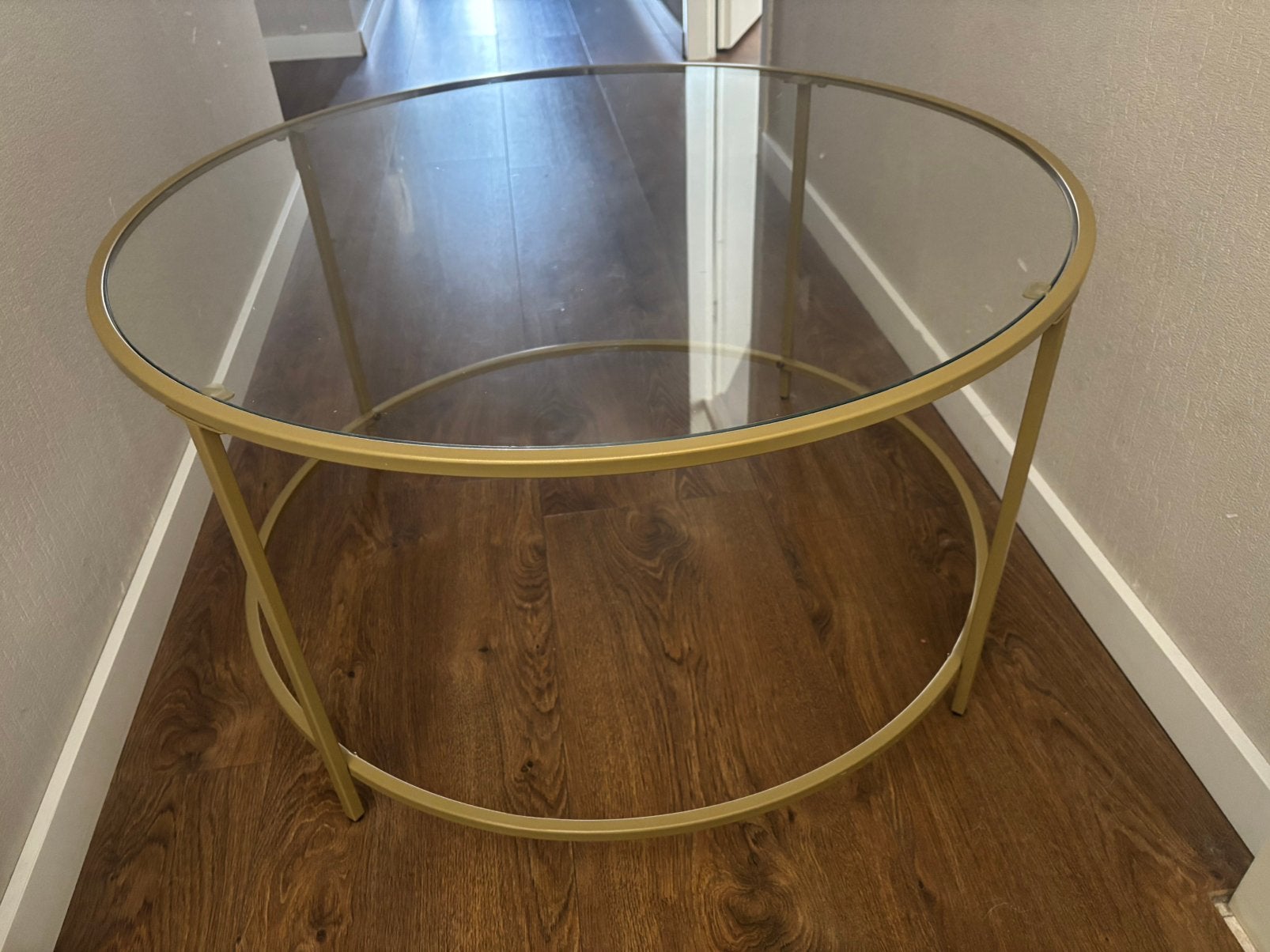 Salontafel messing goud met glas, Ophalen, Minder dan 55 cm, Rond, Glas