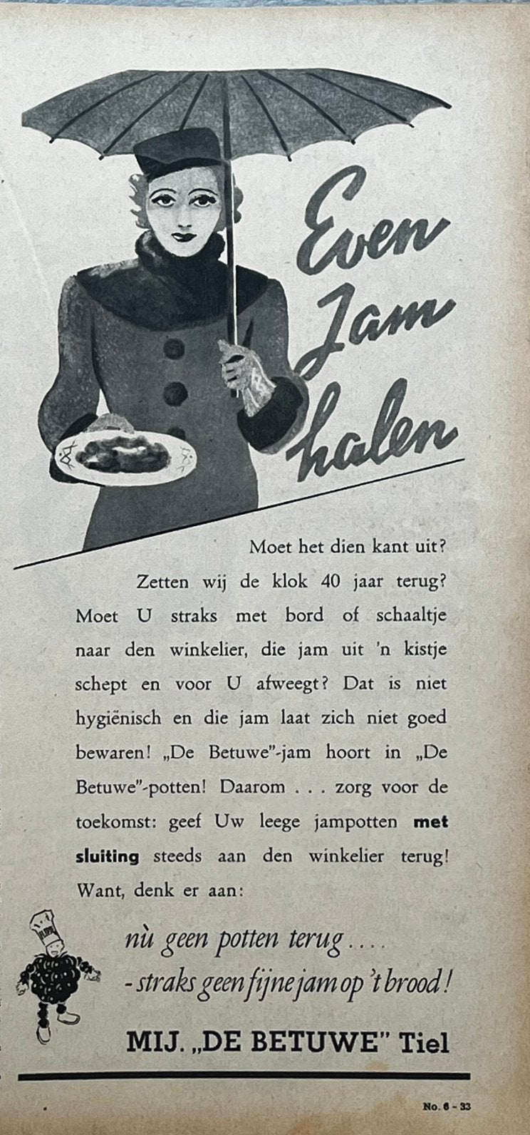 advertentie 1941 jampotten De Betuwe Tiel Flipje, Ophalen of Verzenden, Gebruikt, Overige typen