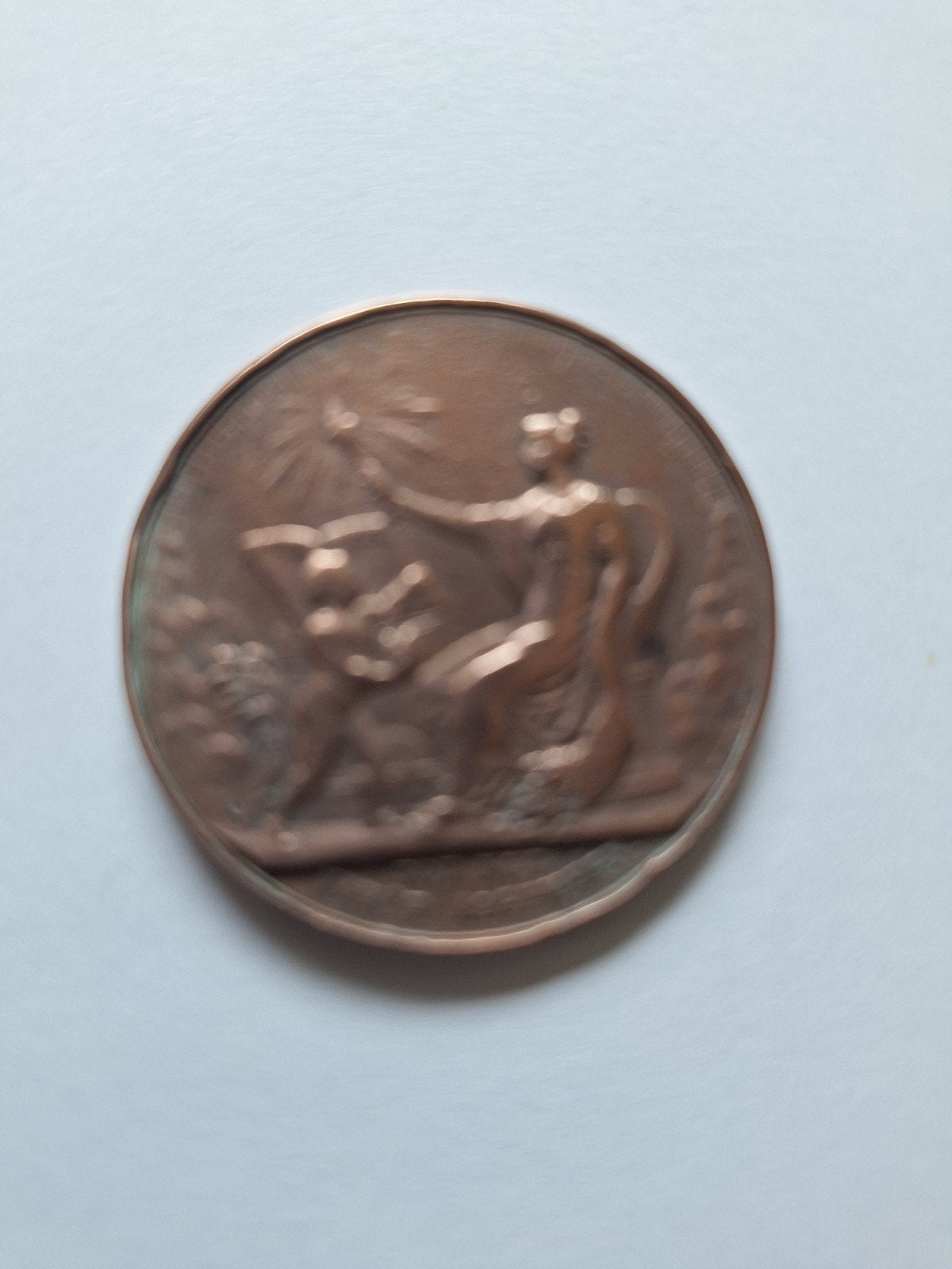 Oude bronzen penning met allegorische voorstelling, Ophalen of Verzenden, Brons