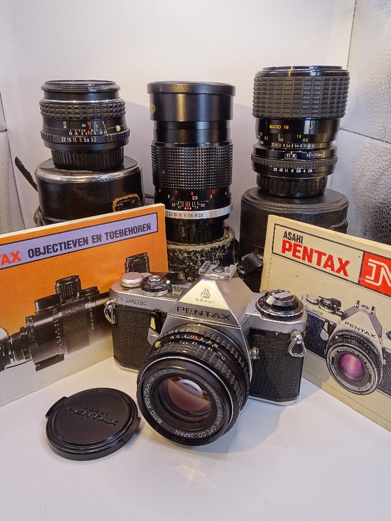 Pentax ME complete set met lenzen en flitser, Ophalen of Verzenden, Gebruikt, Spiegelreflex, Pentax