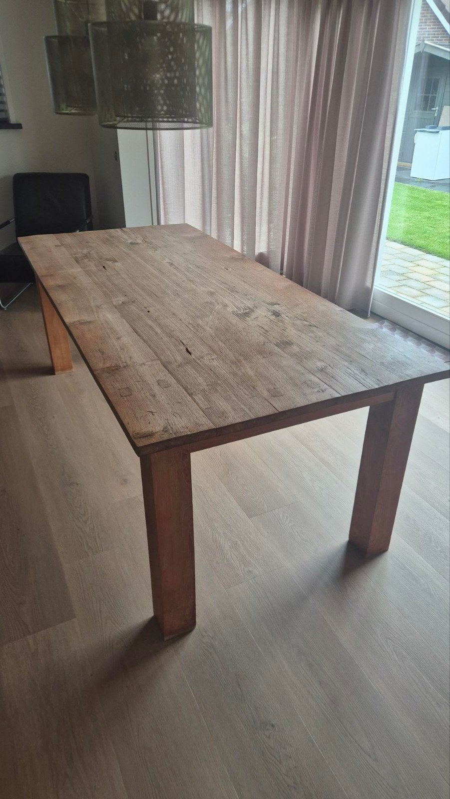 Robuuste Teakhouten Eettafel - 220x99 cm, Ophalen, Gebruikt, Teakhout, 200 cm of meer