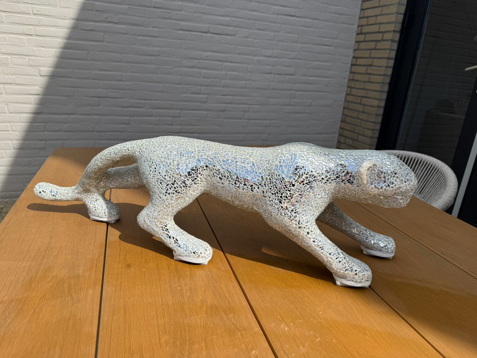 Spiegel/mozaiek Lynx zilverkleur 50 cm, Ophalen, Gebruikt, Beeldje of Figuurtje