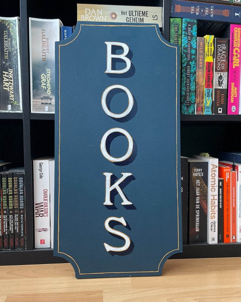 Handgeschilderd BOOKS Sign – Origineel Signpainting – Uniek, 30 cm, Hout, 60 cm, Klassiek