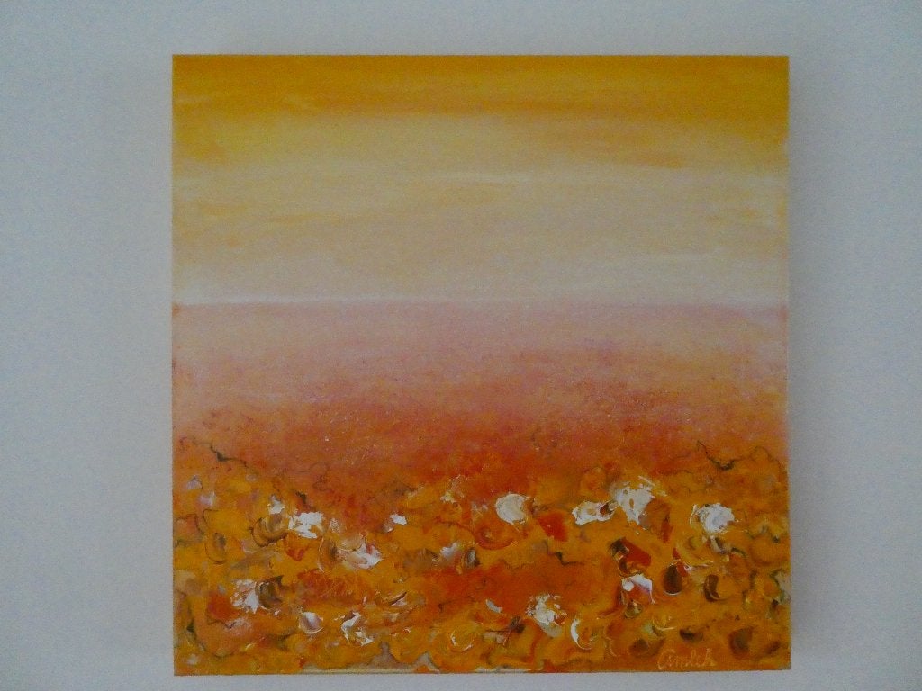 Schilderij. Afm.50 x 50 cm. Bloemen/zon. Gesigneerd, 50 – 75, Oorspronkelijke maker, Nieuw, Ophalen of Verzenden