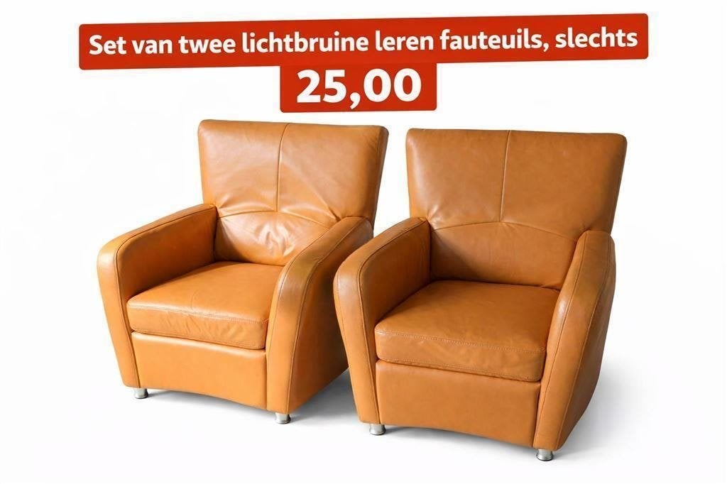Set van twee lichtbruine leren fauteuils [GRATIS], Ophalen, Gebruikt, 50 tot 75 cm, Leer