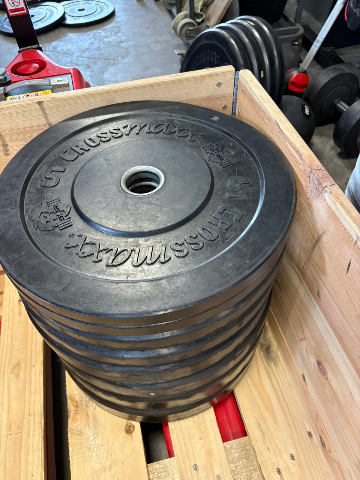 370 kg crossmaxx bumperplates halter schijven 50 mm, Ophalen, Halterschijven, Gebruikt, Halter schijven