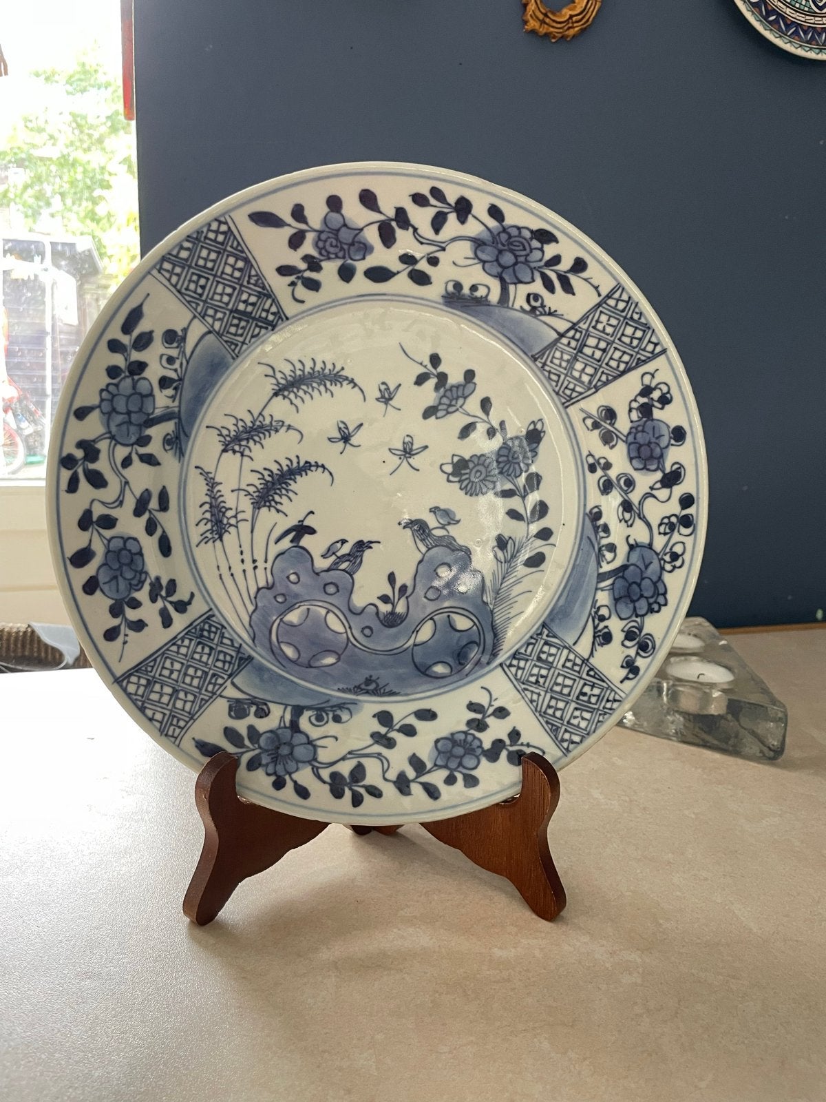 Antiek Kangxi Porseleinen Bordje, Blauw-Wit Gemerkt, Ophalen of Verzenden