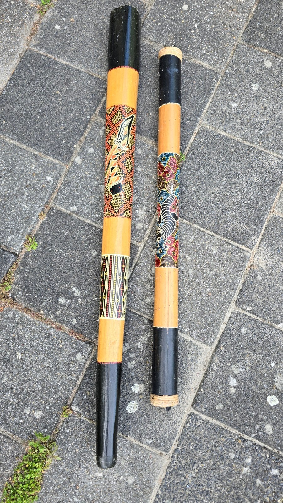 Regenmaker en Didgeridoo set met Aboriginal motieven, Muziek en Instrumenten, Blaasinstrumenten | Didgeridoos, Ophalen, Gebruikt