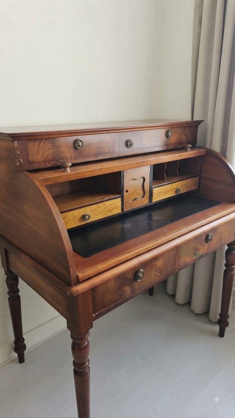 Antiek rolluikbureau van mahoniehout, Antiek en Kunst, Antiek | Meubels | Kasten, Ophalen of Verzenden