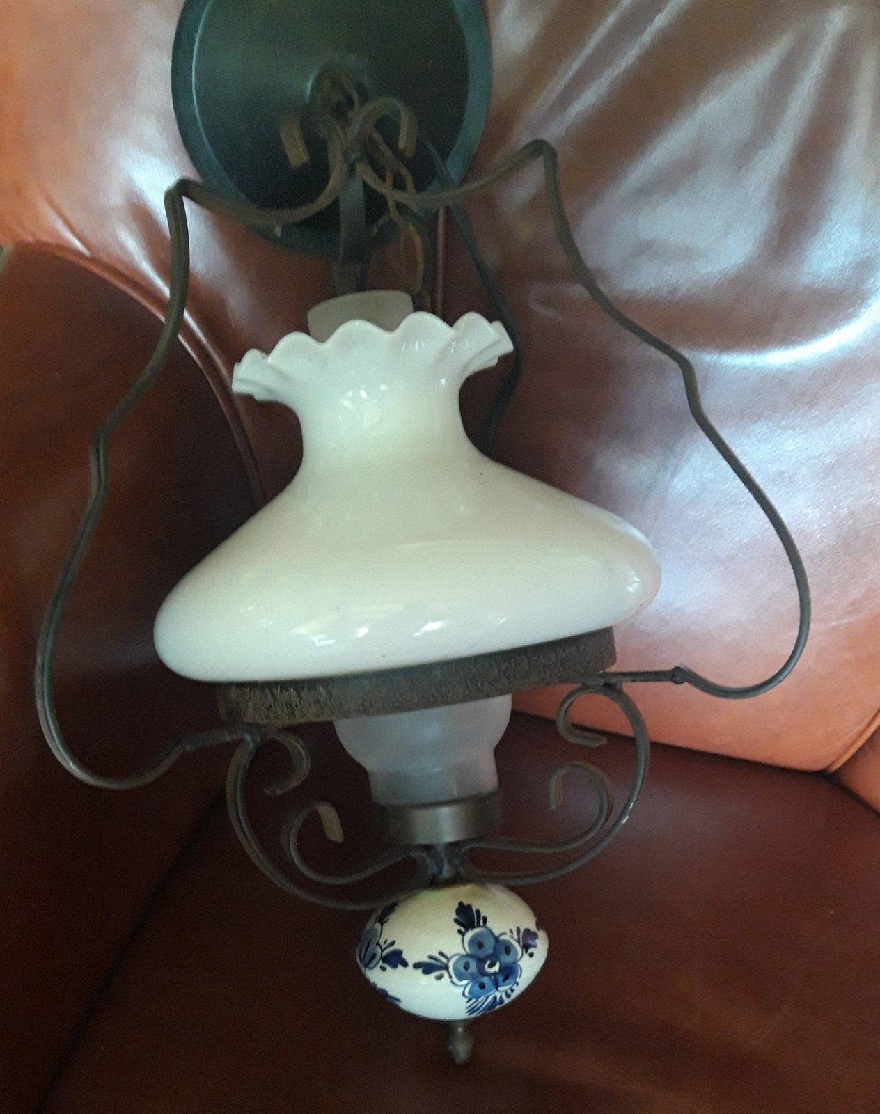 Hanglamp met glazen kap met delfts blauw, Antiek en Kunst, Antiek | Lampen, Ophalen