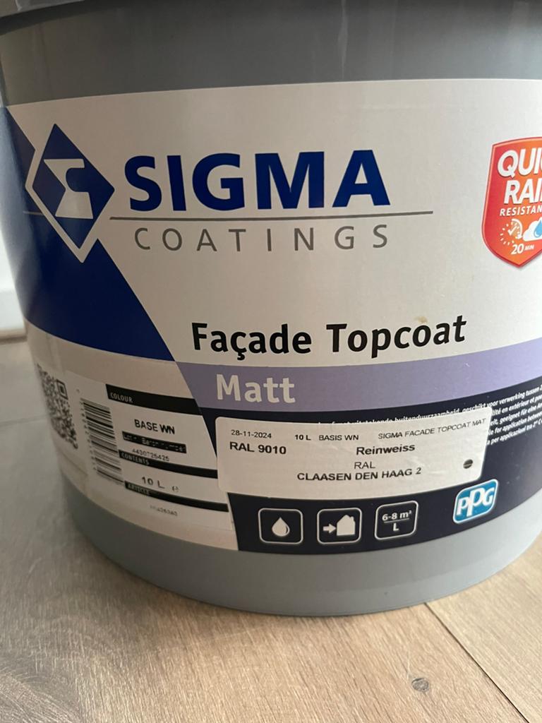 Facade topcoat mat 9010 10Liter, Doe-het-zelf en Verbouw, Verf, Beits en Lak, Ophalen, 5 tot 10 liter, Wit, Nieuw