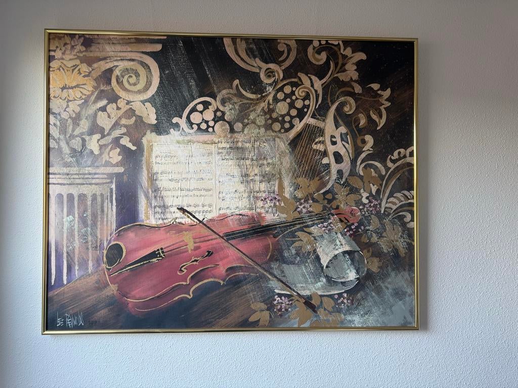 Schilderij Viool met bladmuziek gesigneerd Lee Reynolds, Ophalen