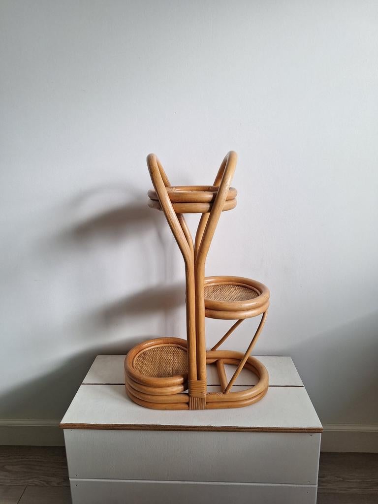 Vintage rotan plantenstandaard - 3 etages, Ophalen, Gebruikt, Overige kleuren, Overige materialen