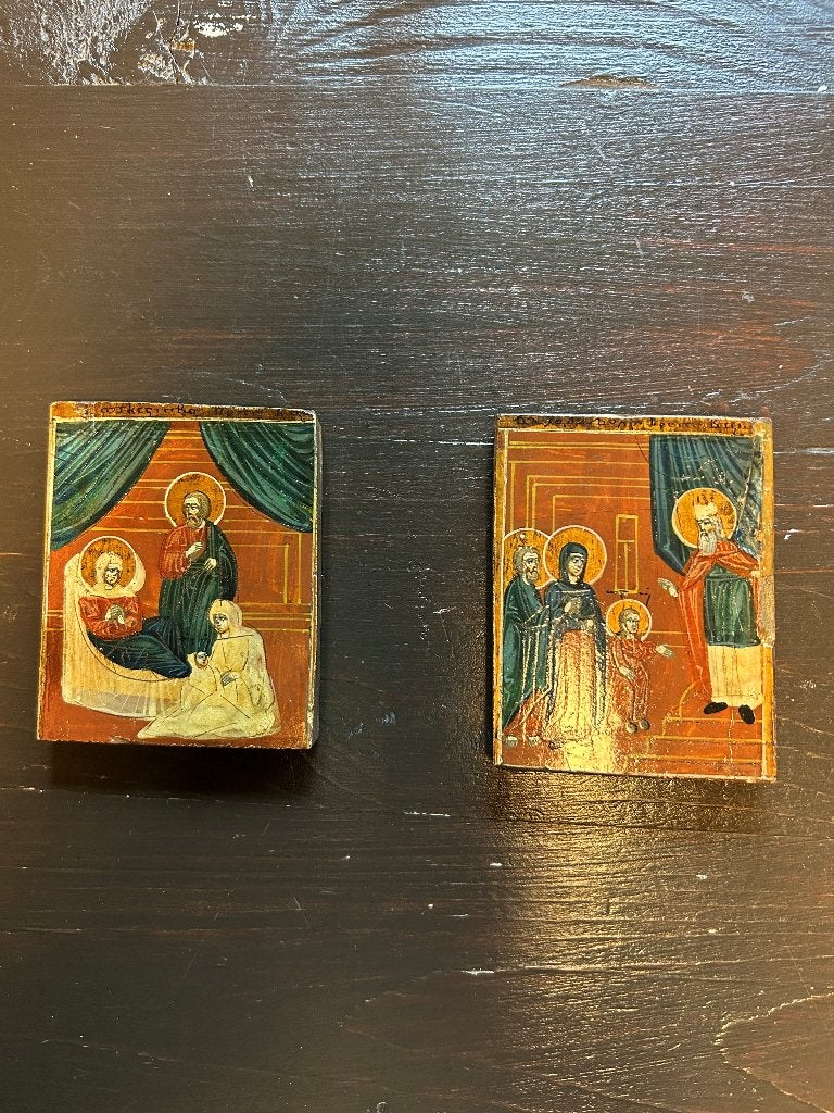2 Russische iconen: geboorte Maria/Maria opgenomen in tempel, Antiek en Kunst, Ophalen of Verzenden