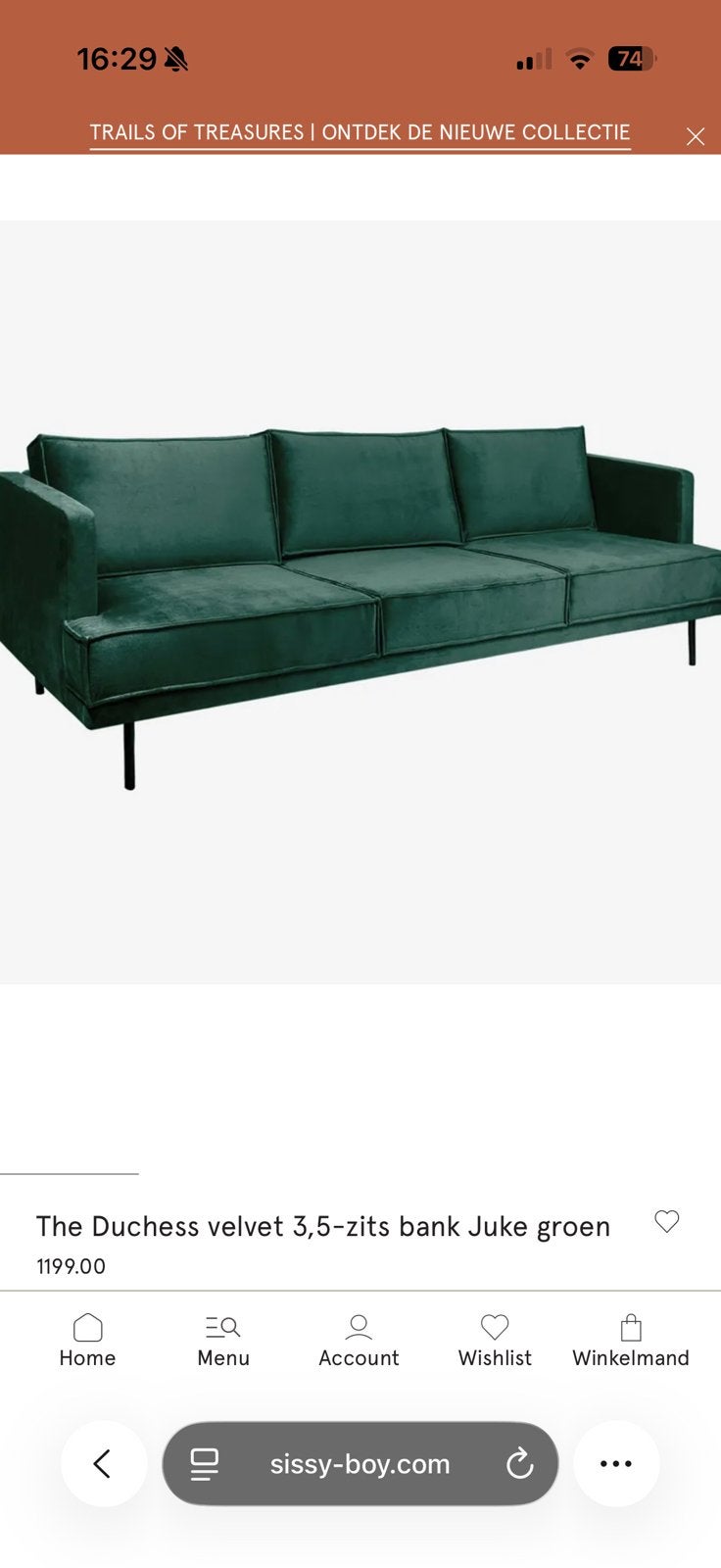 The Duchess velvet 3,5-zits bank Juke groen- zsm ophalen, Huis en Inrichting, Ophalen, Gebruikt, Driepersoons, 75 tot 100 cm