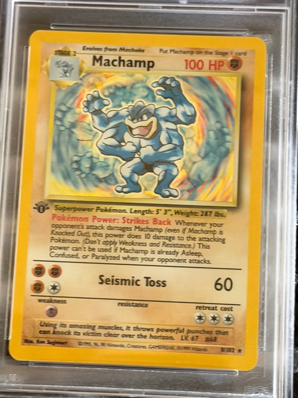 PSA 6 Machamp Holo 1st Edition 8/102 Base Set 1999 Graded, Ophalen of Verzenden, Zo goed als nieuw, Losse kaart, Foil