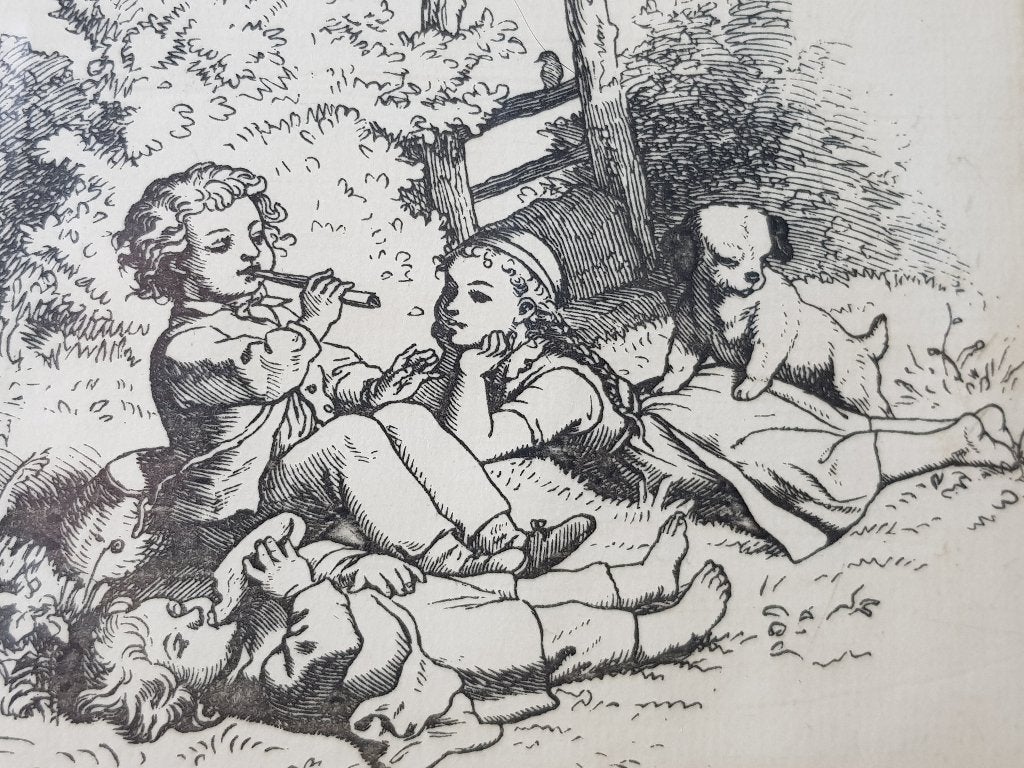 Mooie antieke ingelijste ets uit Engeland met kinderen., Dagelijks leven, Ets, Ingelijst, Ophalen of Verzenden