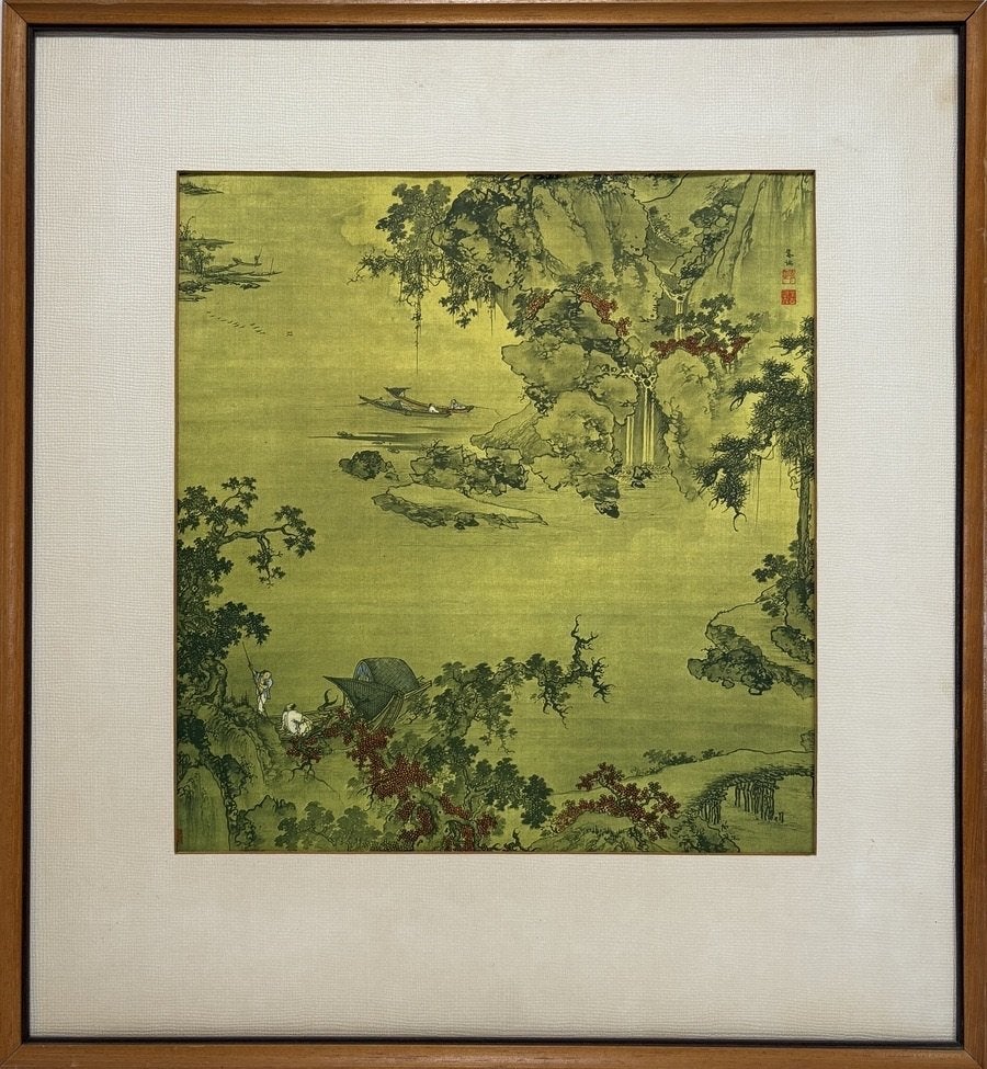 875. Prent, berglandschap met rivier en boten - 20e eeuw, Ophalen of Verzenden, Print, Prent