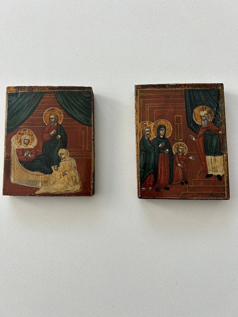 2 Russische iconen: geboorte Maria/Maria opgenomen in tempel, Ophalen of Verzenden