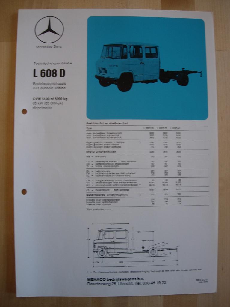Mercedes 608 D Technische Specificatie Brochure 1979 608D, Zo goed als nieuw, Mercedes-Benz, Mercedes, Ophalen of Verzenden