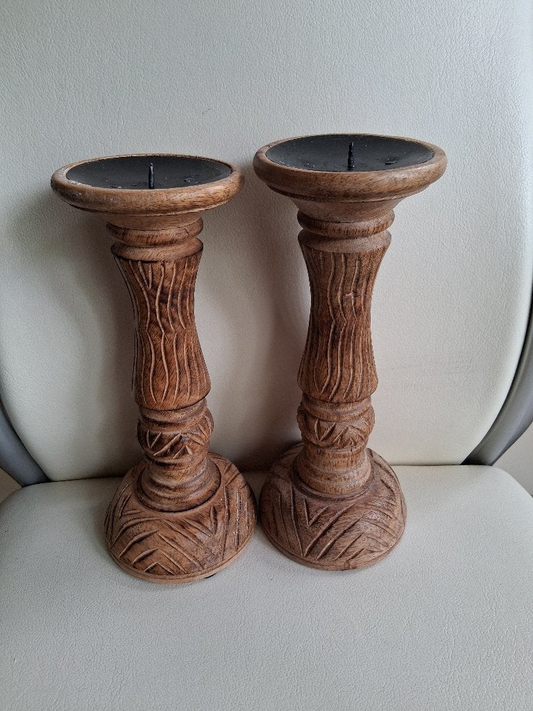 Twee houten kandelaren, Huis en Inrichting, Gebruikt, Bruin, Overige merken, Ophalen of Verzenden