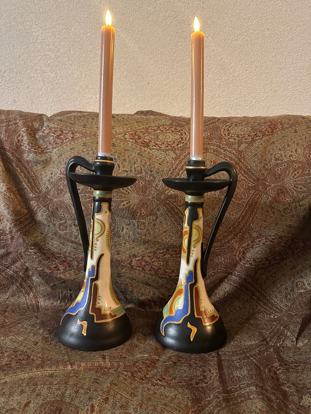 Set van 2 Gouda Plateel Kandelaars - Onbeschadigd (ca. 1930), Antiek en Kunst, Ophalen of Verzenden, Keramiek of Aardewerk